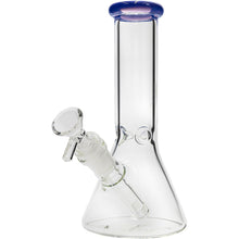 The Glassic Beaker Bong with Color Lip | 8" is a clear glass beaker water pipe featuring a blue rimmed mouthpiece, angled downstem, and removable bowl, shown against a white background.