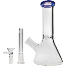 The Glassic Beaker Bong with Color Lip | 8" is a clear glass beaker-style water pipe featuring a blue-rimmed mouthpiece, disassembled into three parts: the main chamber, removable downstem, and a glass bowl.