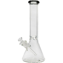The Glassic Beaker Bong with Color Lip is a clear glass, beaker-style water pipe featuring a straight neck, flared base, and removable downstem and bowl. Available in 7mm thickness and 14" or 18" sizes.
