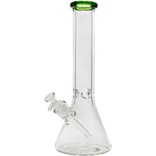 The Glassic Beaker Bong with Color Lip features clear glass in a beaker shape, a green-colored rim at the mouthpiece, and an angled bowl with downstem attached to its base; available in 7mm thickness and 14" or 18" sizes.