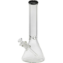 The Glassic Beaker Bong with Color Lip (7mm, 14" or 18") features a clear glass beaker design, straight neck, flat base, angled downstem, and removable bowl, all displayed against a white background.