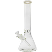 The Glassic Beaker Bong with Color Lip features a classic clear beaker shape, straight neck, wide base, and angled bowl and downstem. Available in 7mm thick glass at 14" or 18" sizes.
