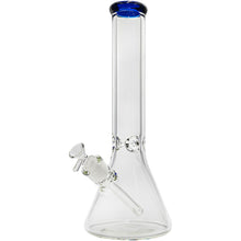 The Glassic Beaker Bong with Color Lip (7mm, 14" or 18") is a clear glass beaker-style water pipe featuring a straight neck, removable downstem, and blue-accented mouthpiece, shown upright on a white background.