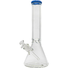 The Glassic Beaker Bong with Color Lip is a clear glass, beaker-style bong featuring a colored rim, downstem, and bowl. Available in 7mm thickness and 14" or 18" sizes.