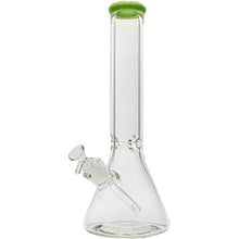 The Glassic Beaker Bong with Color Lip is a clear glass beaker-style water pipe with a green mouthpiece rim, removable downstem, and bowl; available in 7mm thickness and 14" or 18" sizes.