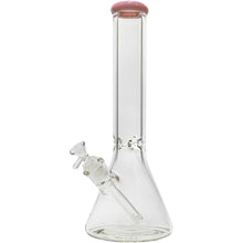 The Glassic Beaker Bong with Color Lip is a clear glass 7mm beaker-style bong featuring a pink rim, angled downstem, and bowl piece, standing upright against a white background. Available in 14" or 18" sizes.
