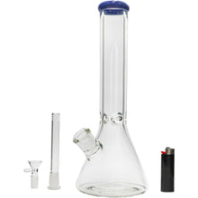 The Glassic Beaker Bong with Color Lip (7mm, 14" or 18") stands upright, featuring a blue rim, removable downstem, bowl piece, and a black lighter with a red button to the right.