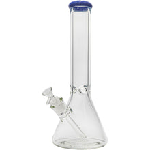 The Glassic Beaker Bong with Color Lip is a clear glass, beaker-style bong featuring a blue-rimmed mouthpiece, straight neck, angled downstem with bowl, 7mm thick glass, and available in 14" or 18" sizes.