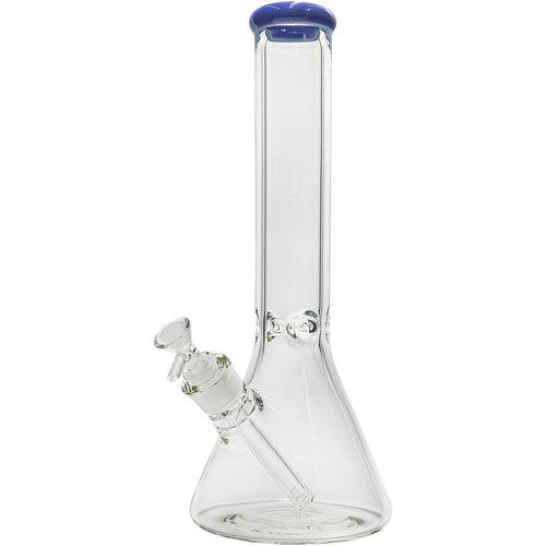 The Glassic Beaker Bong with Color Lip is a clear glass, beaker-style bong featuring a blue-rimmed mouthpiece, straight neck, angled downstem with bowl, 7mm thick glass, and available in 14