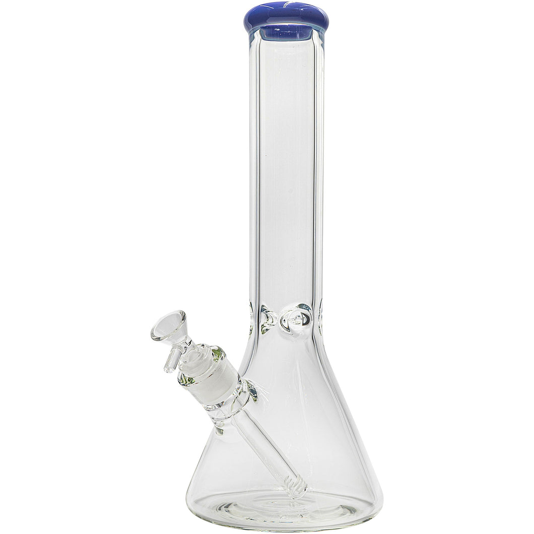 The Glassic Beaker Bong with Color Lip is a clear glass, beaker-style bong featuring a blue-rimmed mouthpiece, straight neck, angled downstem with bowl, 7mm thick glass, and available in 14
