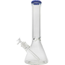 The Glassic Beaker Bong with Color Lip is a clear glass, beaker-style water pipe featuring a blue rim, removable downstem, and angled bowl. Available in 14" or 18" sizes with durable 7mm glass construction.