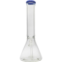 The Glassic Beaker Bong with Color Lip (7mm, 14" or 18") is a clear glass water pipe featuring a straight neck and blue-rimmed mouthpiece, pictured standing upright on a white background.