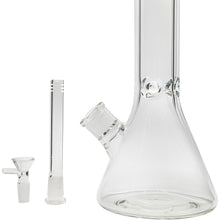 The Glassic Beaker Bong with Color Lip (7mm, 14" or 18") is shown on a white background with a removable downstem and bowl piece displayed separately.