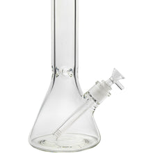 The Glassic Beaker Bong with Color Lip is a clear glass, beaker-style water pipe featuring a straight neck and angled downstem with bowl, available in 7mm thickness and 14" or 18" sizes.