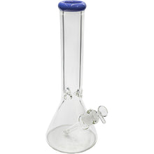 The Glassic Beaker Bong with Color Lip features a clear glass beaker design, blue rim at the top, angled glass downstem and bowl, and is available in 7mm thickness and 14" or 18" sizes.