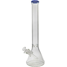 The Glassic Beaker Bong with Color Lip features a clear beaker base, straight neck, removable bowl and downstem, blue-rimmed mouthpiece, 7mm thickness, and is available in 14" or 18" sizes.