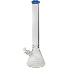 The Glassic Beaker Bong with Color Lip features clear glass, a blue rimmed mouthpiece, and an angled downstem with bowl near the base. Available in 7mm thickness and 14" or 18" sizes.