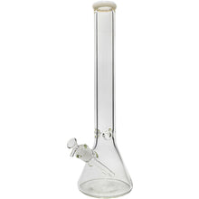 The Glassic Beaker Bong with Color Lip is a clear glass, beaker-shaped water pipe featuring a cylindrical neck and angled downstem, available in 7mm thickness and 14" or 18" sizes.