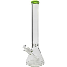 The Glassic Beaker Bong with Color Lip is a clear 7mm glass bong, available in 14" or 18", featuring a cylindrical neck, green-rimmed mouthpiece, and angled downstem and bowl attached to the base.