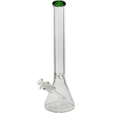 The Glassic Beaker Bong with Color Lip (7mm, 14" or 18") is a clear glass beaker bong featuring a tall straight neck, removable downstem, bowl piece, and green accents on the mouthpiece and base.