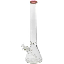 The Glassic Beaker Bong with Color Lip (7mm, 14" or 18") is a clear glass beaker-style bong with a pink rim at the mouthpiece, an angled downstem, and a bowl for smoking.