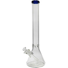 The Glassic Beaker Bong with Color Lip is a clear glass, beaker-style bong featuring a straight neck, side carb hole, removable downstem, and a dark blue-accented mouthpiece. Available in 7mm thickness and 14" or 18" sizes.