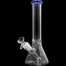 The Glassic Beaker Bong with Color Lip is a clear 10" glass beaker bong featuring a blue-tinted mouthpiece, angled downstem, and removable bowl, shown against a black background.