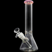The Glassic Beaker Bong with Color Lip, 10" tall and 5mm thick, features a clear beaker shape, pink-tinted mouthpiece, downstem, and bowl, shown against a black background.