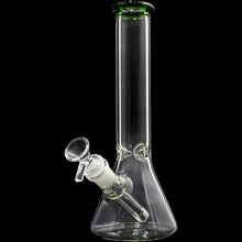 The Glassic Beaker Bong with Color Lip (5mm, 10") is a clear glass bong featuring a green-tinted mouthpiece, removable bowl and downstem, displayed against a black background.