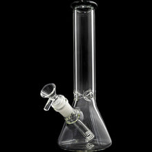 The Glassic Beaker Bong with Color Lip is a 10" clear glass water pipe featuring a removable bowl and downstem, shown against a black background.
