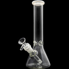 The Glassic Beaker Bong with Color Lip features a clear glass beaker design, straight neck, flared base, angled downstem, and removable bowl. It stands 10" tall with 5mm thick glass and is displayed on a black background.