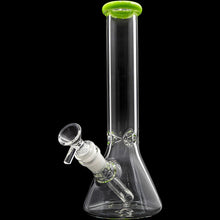 The Glassic Beaker Bong with Color Lip | 5mm | 10" is a clear glass beaker-style bong with a green-rimmed mouthpiece, side bowl, and downstem, displayed against a black background.