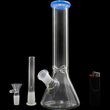 The Glassic Beaker Bong with Color Lip | 5mm | 10" is shown disassembled on a black background with its removable downstem, bowl piece, and a black lighter featuring a red switch.