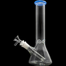 The Glassic Beaker Bong with Color Lip is a clear 10" glass water pipe featuring a beaker base, straight neck, blue-colored lip, angled downstem, and bowl attachment. Made from 5mm thick glass for durability.