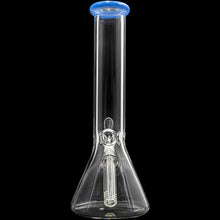 The Glassic Beaker Bong with Color Lip | 5mm | 10" features clear glass, a blue-tinted mouthpiece, wide base, cylindrical neck, and built-in slitted downstem for filtration. Displayed on a black background.