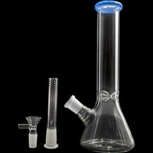 The Glassic Beaker Bong with Color Lip | 5mm | 10" is shown disassembled, featuring a clear beaker design with a blue-rimmed mouthpiece, removable downstem, and bowl, all displayed on a black background.
