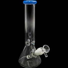 The Glassic Beaker Bong with Color Lip is a clear, beaker-shaped 10" water pipe featuring a blue rim and an angled downstem. Crafted from 5mm glass, this bong stands out against a black background.