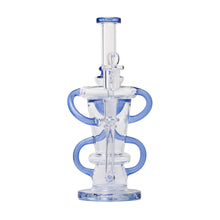 The 10.25" Straight Recycler Glass Water Pipe features blue accents, curved side tubing, and a cylindrical mouthpiece atop a round base—making it a stylish choice for recycler dab rig enthusiasts.