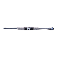 The MJ Arsenal Large Stainless Steel Dab Tool features a textured grip and a black center band with a white logo; one end is flat and rounded, while the other is slightly curved.