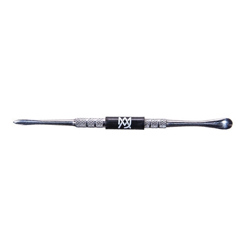 The MJ Arsenal Large Stainless Steel Dab Tool features a textured grip and a black center band with a white logo; one end is flat and rounded, while the other is slightly curved.
