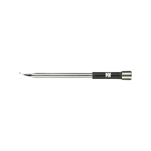 The MJ Arsenal Mini Stainless Steel Dab Tool features a curved, pointed tip and black handle, resembling a dental or surgical instrument. This essential consumption tool is showcased against a white background.