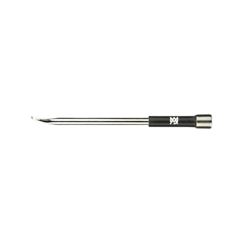 The MJ Arsenal Mini Stainless Steel Dab Tool features a curved, pointed tip and black handle, resembling a dental or surgical instrument. This essential consumption tool is showcased against a white background.