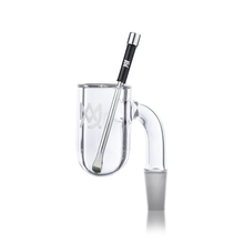 The MJ Arsenal Mini Stainless Steel Dab Tool is a clear glass attachment with a handle, etched logo, bent neck, frosted base connector, and includes a stainless steel dab tool inside. It perfectly pairs with any MJA Mini Rig.