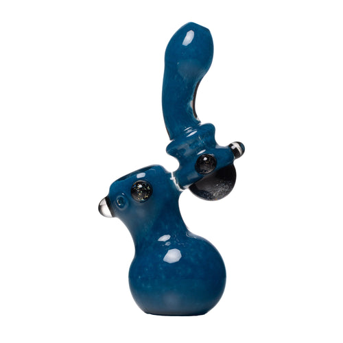 The Human Grade Sherlock Bubbler is a handmade, blue borosilicate glass bubbler with a curved neck, side bowl, glossy marbled finish, and sturdy flat base—perfect for smoking sessions.