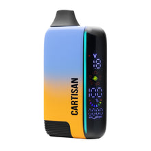 The Cartisan Veil Bar Pro EVO 510 Thread Battery Vape features a gradient blue-to-yellow body, black mouthpiece, digital display (battery/wattage/puff count), variable voltage, 510 tank compatibility, and 'CARTISAN' printed vertically on the side.