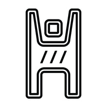 A bold black outline of an H with a small square above the center and three diagonal lines crossing the middle on white—a design inspired by Human Grade Sherlock Bubbler, handmade from borosilicate glass.