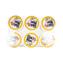 A pack of six Glob Mops XL 2.0 containers, each with yellow and white labels, stacked in two rows of three and wrapped in clear plastic—ideal bamboo cotton swabs for easy quartz nail cleaning.