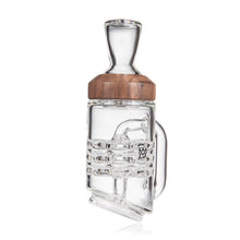 The MJ Arsenal Alpine Series - Halo Peak Top is a clear borosilicate glass vessel with a wooden band, handle, geometric pattern, and angled base for a stylish upgrade, shown against a white background.