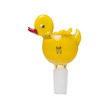 The Human Grade Animal Glass Bowl Slide is a yellow duck-shaped glass bowl with a red beak and wings, featuring a frosted base for a secure fit in any 14mm water pipe—perfect for animal bowl fans.