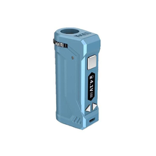 The Yocan UNI Pro box mod features a light blue, modern, angular design with a cylindrical top opening, variable voltage controls, two arrow buttons, and a small screen showing 4.1V.